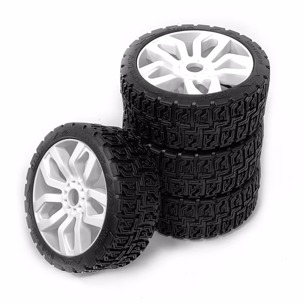 7th scale 4.01in rally all terrain wheel sima tire & white x3 rim 0.67in hex hub